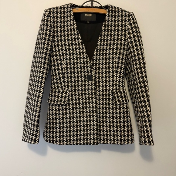 Maje Paris Houndstooth Wool Blend Jacquard Blazer Black White Women’s 36 - Picture 1 of 5